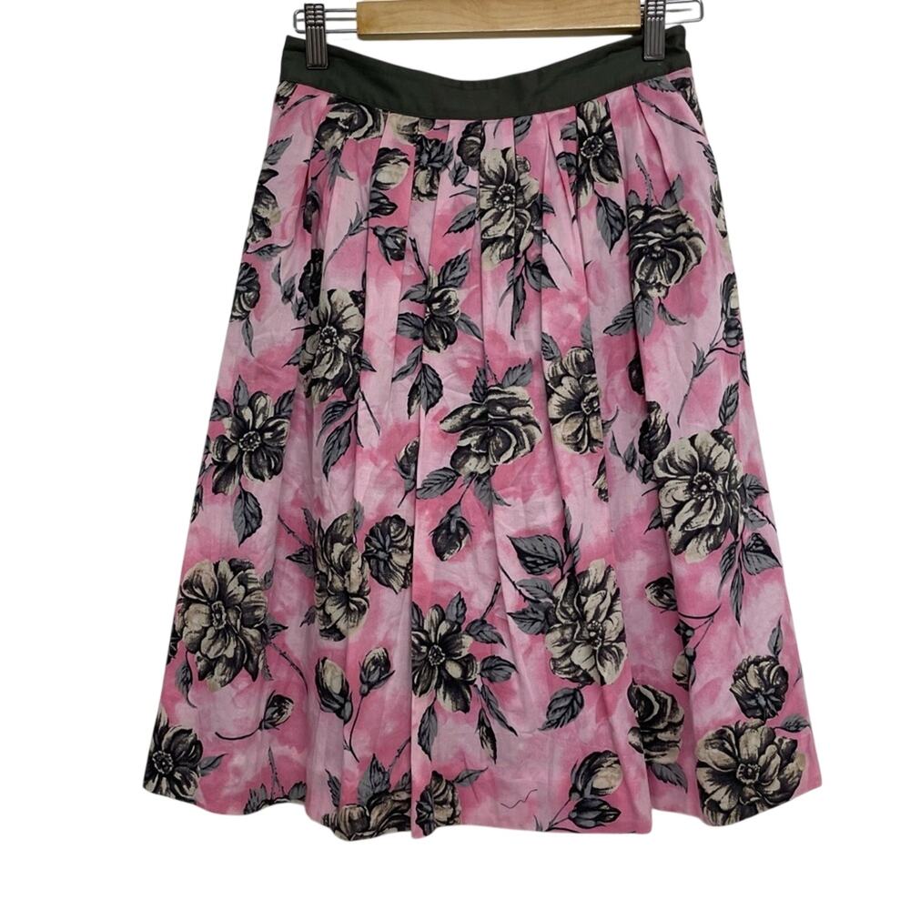 Anthropologie Odille Pink Floral Pleated A Line Skirt Women 2 Modest Knee Length